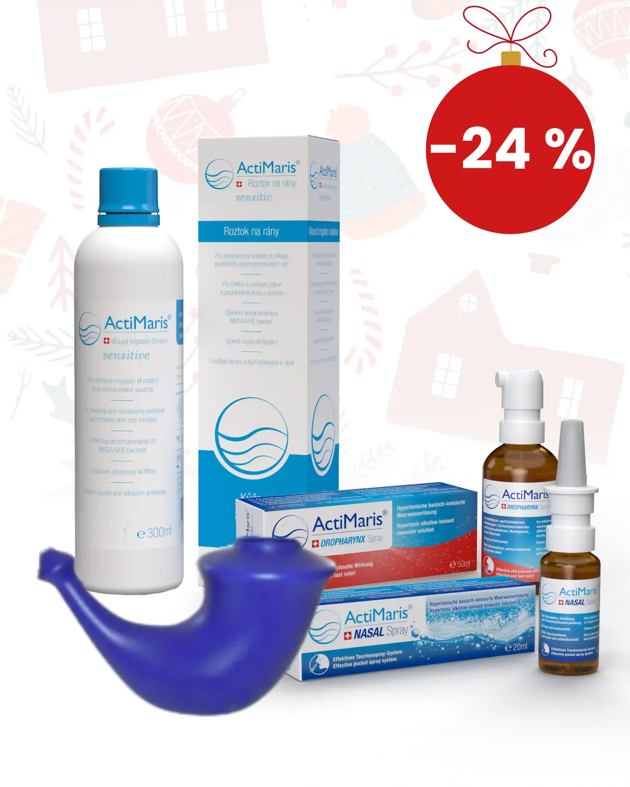 ActiMaris sada s konvičkou na záněty nosohltanu s Sesnitiv roztokem, NASAL sprejem do nosu a OROPHARYNX sprejem do úst