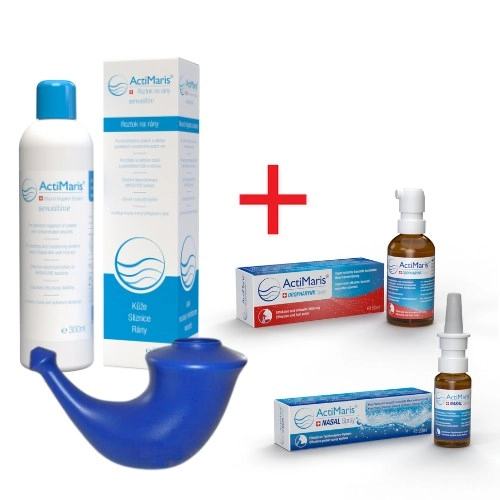 ActiMaris súprava - Sensitiv roztok 300 ml + Rhino konvička + Nasal sprej + Oropharynx sprej
