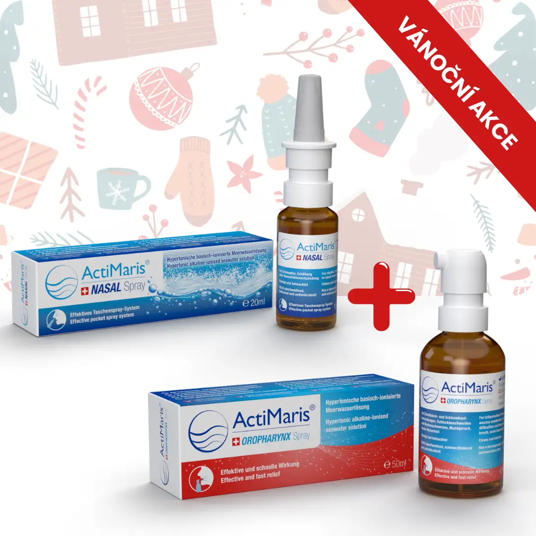 Výhodné balení ActiMaris Nasal nosní sprej a Oropharynx sprej do krku. Proti nachlazení a zánětům v krku.