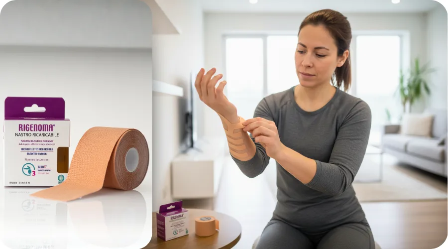 Žena si aplikuje tejpovaciu pásku na zápästie po športe. Opakovane ju aktivuje krémom Rigenoma.