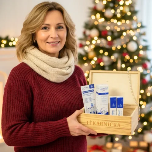 Žena drží drevenú lekárničku ako darček s najsilnejšími produktmi ActiMaris.