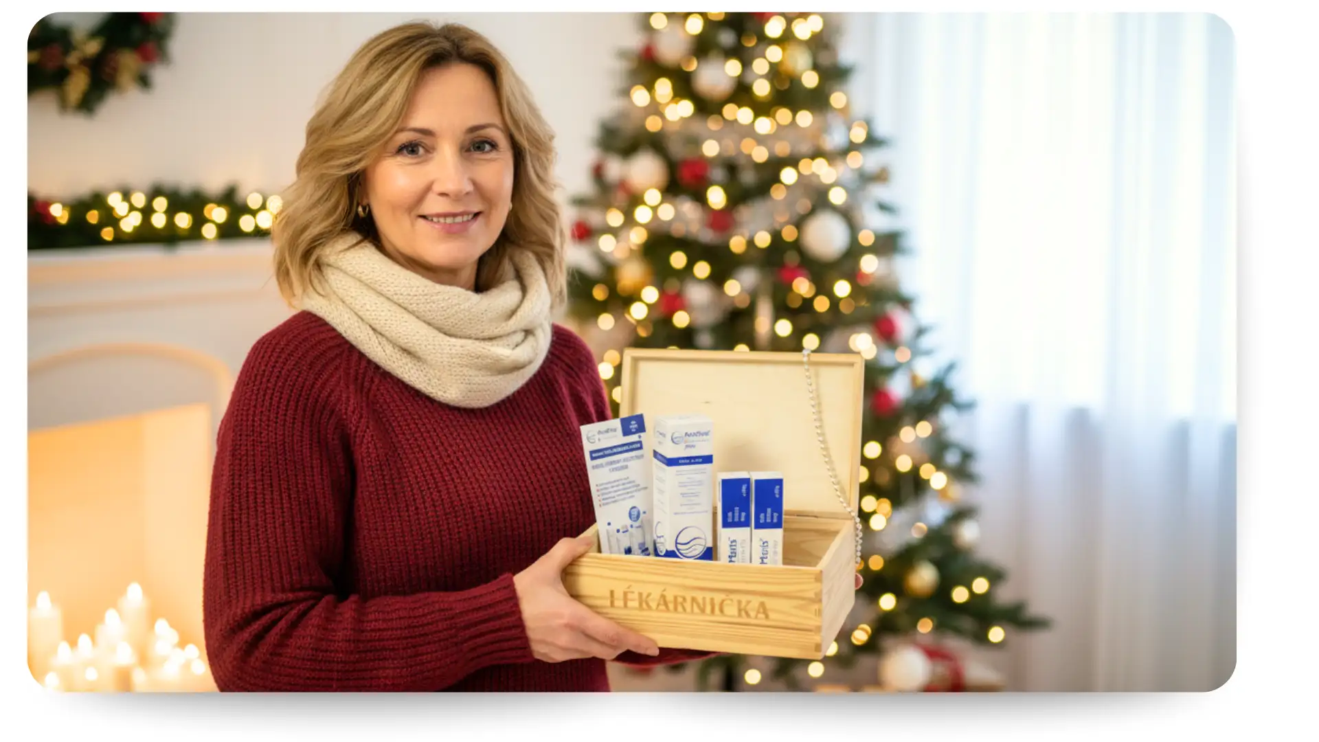 Žena drží drevenú lekárničku ako darček s najsilnejšími produktmi ActiMaris.